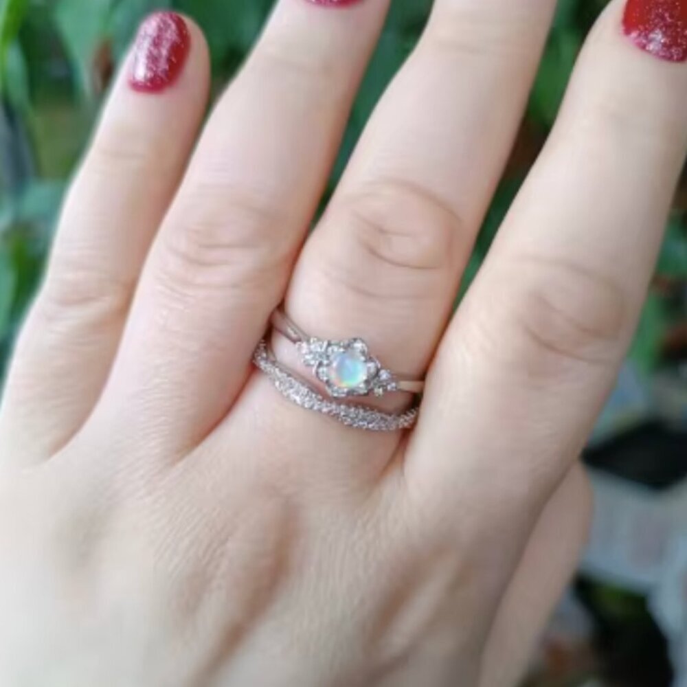 NEW 18k White Gold Opal Ring Set of 2 Stackable Rings - Picture 6 of 6